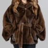 Athena Brown Mink Fur Belt Cape Coat - Copy