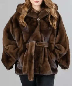 Athena Brown Mink Fur Belt Cape Coat - Copy