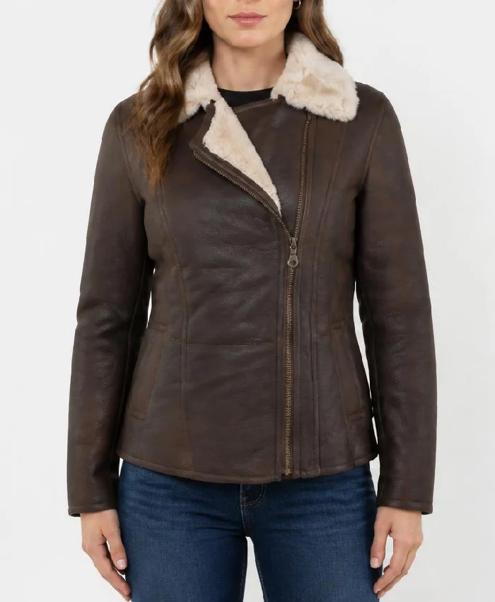 Aviator Fur Collar Flight Leather Brown Coat For Womens