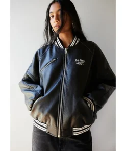 BDG Avery Oversized Faux Rib Collar Black Varsity Jacket