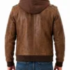 Biker Removable Hood Bomber Brown Leather Jacket