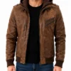 Biker Removable Hood Bomber Brown Leather Jacket For Mens