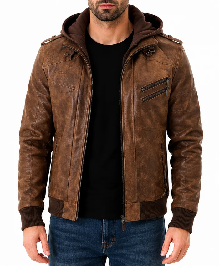 Biker Removable Hood Bomber Brown Leather Jacket For Mens