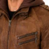 Biker Removable Hood Bomber Brown Leather Jacket Men