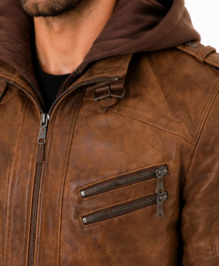 Biker Removable Hood Bomber Brown Leather Jacket Men