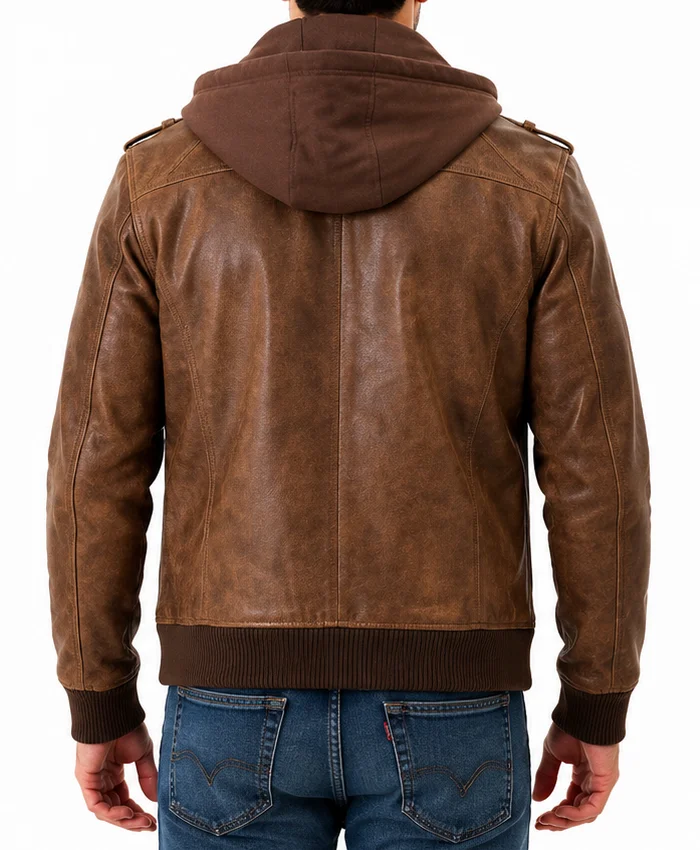 Biker Removable Hood Bomber Brown Leather Jacket