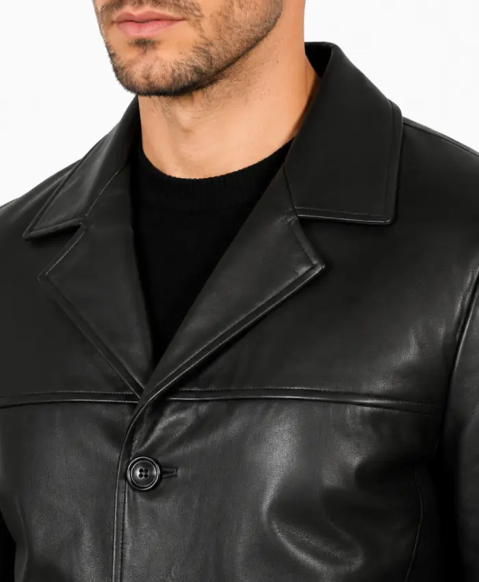 Black 3 4 Quarter Length Leather Coat For Mens