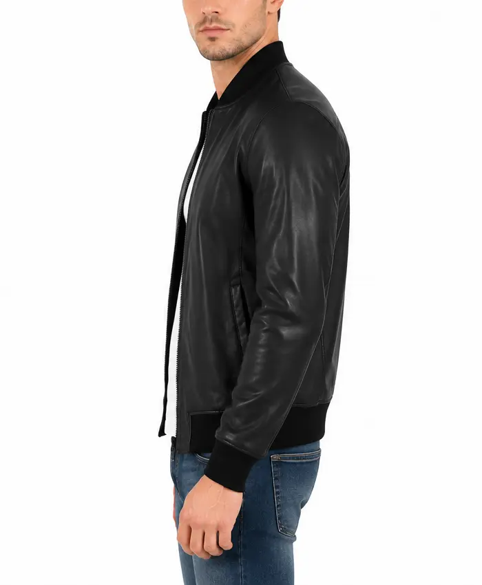 Black Bomber Leather Jacket For Mens