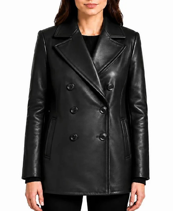 Black Leather Pea Coat For Womens