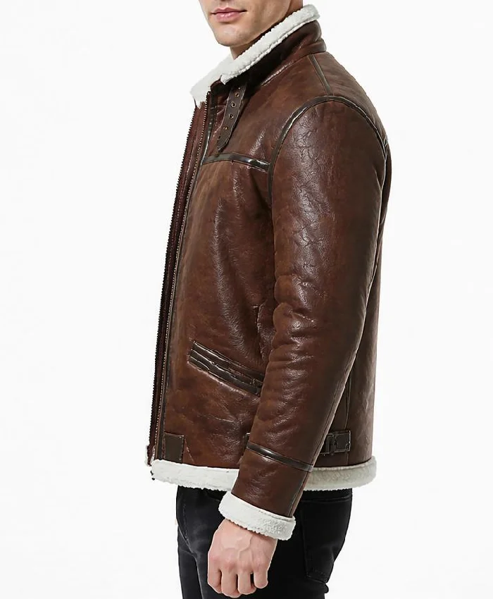 Brown Belted Leather Shearling Jacket For Men