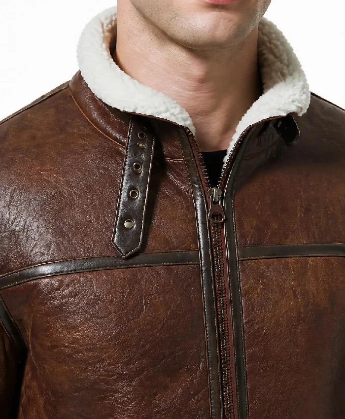 Brown Belted Leather Shearling Jacket For Mens