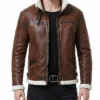 Brown Belted Leather Shearling Jacket Men