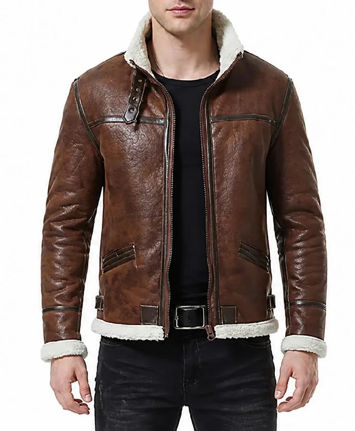 Brown Belted Leather Shearling Jacket Men