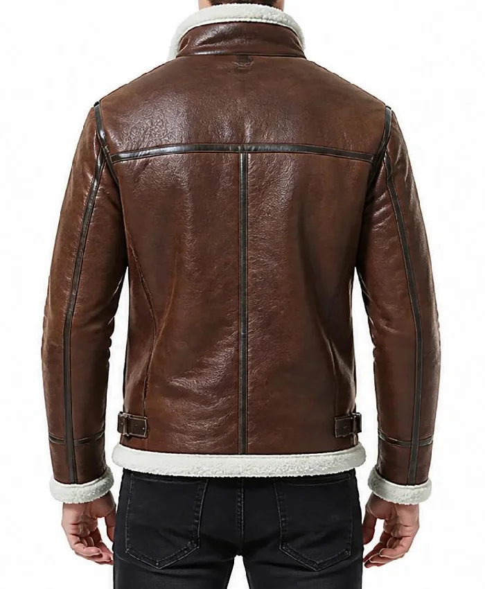 Brown Belted Leather Shearling Jacket Mens