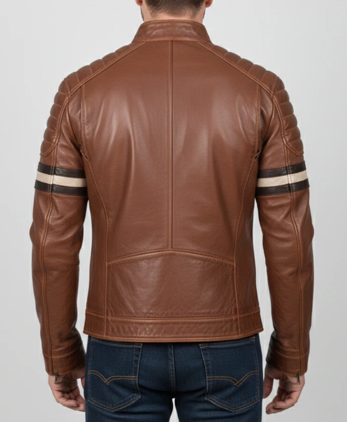 Cognac Racer With Stripes Leather Brown Jacket