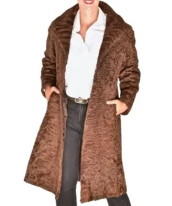 Brown Fox Mink Fur Collar Swakara Lamb Fur Long Trench Coat