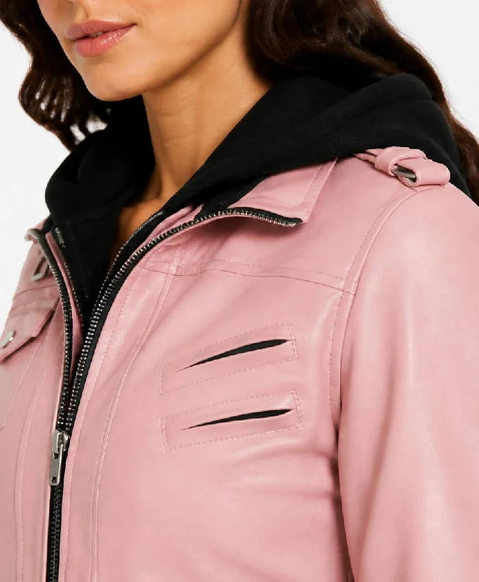 Campbell Pink Bomber Leather Hooded Jacket For Womens