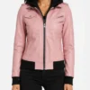 Womens Campbell Pink Bomber Leather Hooded Jacket