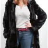 Carol Mink Fur Black Hooded Long Zipper Coat