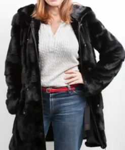Carol Mink Fur Black Hooded Long Zipper Coat