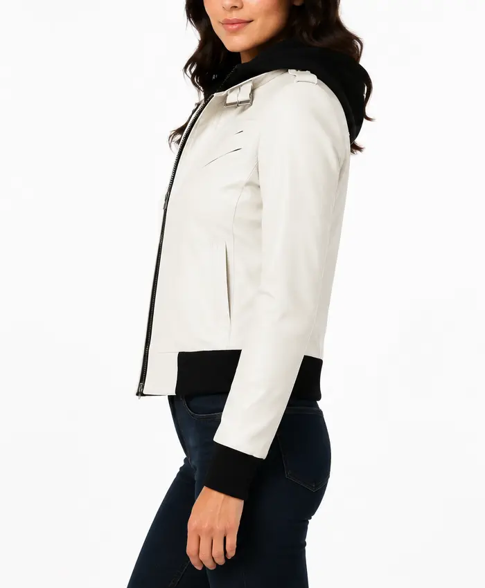 Charlotte Womens Off-White Leather Hooded Jacket