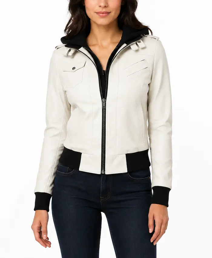 Charlotte Womens Off-White Leather Jacket with Removable Hood