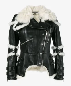 Cheryl Black Biker Shearling Sheepskin Leather Jacket