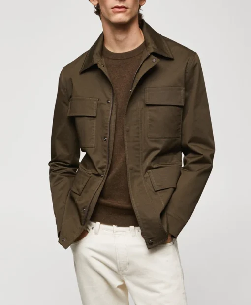 Chong Mango Men Military Green Four Pocket Suede Jacket With Button