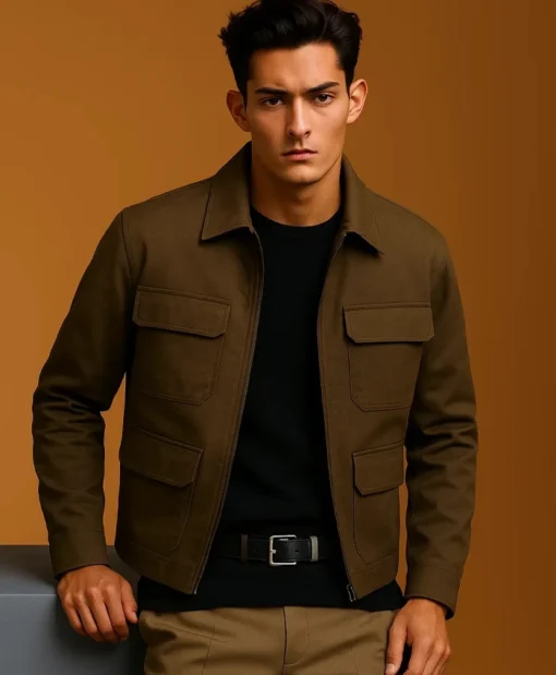 Chong Mango Men Military Green Four Pocket Suede Jacket With Button For Sale