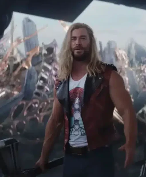 Chris Hemsworth Film Thor Love and Thunder Red Black Studded Biker Leather Vest