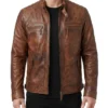 Buy Mens Brown Distressed Leather Jacket with zipper pockets