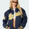 Cleora O Edikted Navy Oversized Baseball Full-Snap Bomber Jacket
