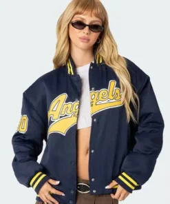 Cleora O Edikted Navy Oversized Baseball Full-Snap Bomber Jacket