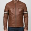 Brown Cognac Racer With Stripes Leather Jacket