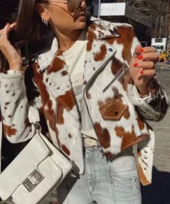 Cowhide Brown And White Biker Jacket