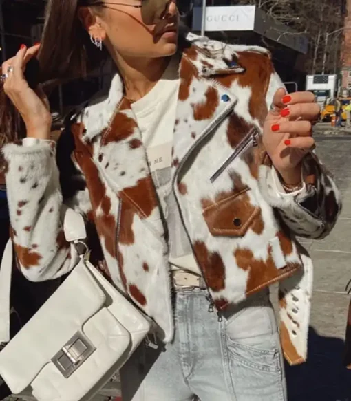 Cowhide Brown And White Biker Jacket