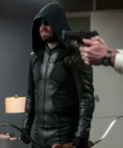 Crisis on Infinite Earths Oliver Queen Green Leather Green Arrow Hooded Jacket