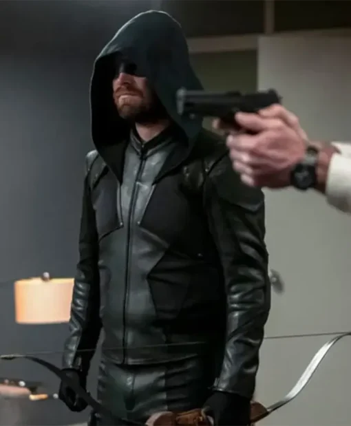 Crisis on Infinite Earths Oliver Queen Green Leather Green Arrow Hooded Jacket