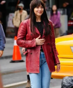 Dakota Johnson Madame Web Leather Red Coat