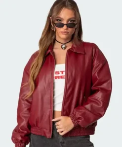 Deborah C Edikted Classic Collar Faux Leather Bomber Jacket