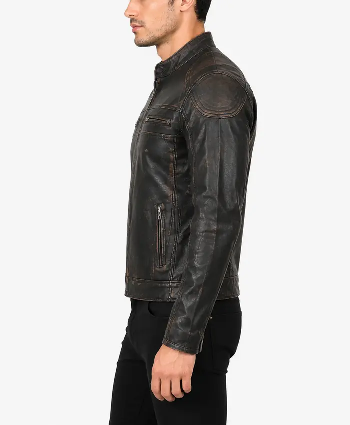 Distressed Black Real Leather Moto Jacket For Mens