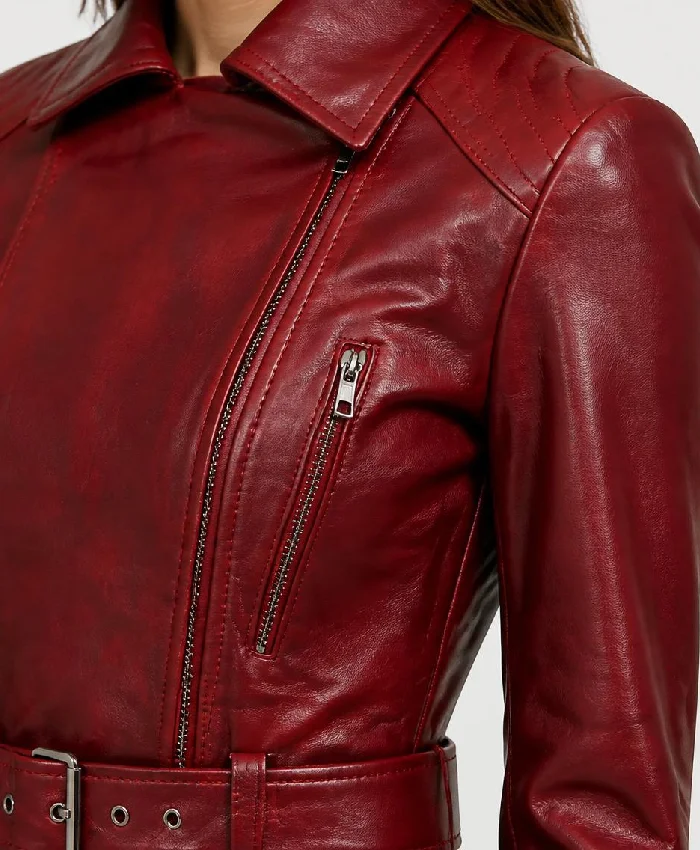 Distressed Front Zipper Closure Maroon Biker Jacket For Women