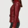 Distressed Front Zipper Closure Maroon Biker Jacket For Womens