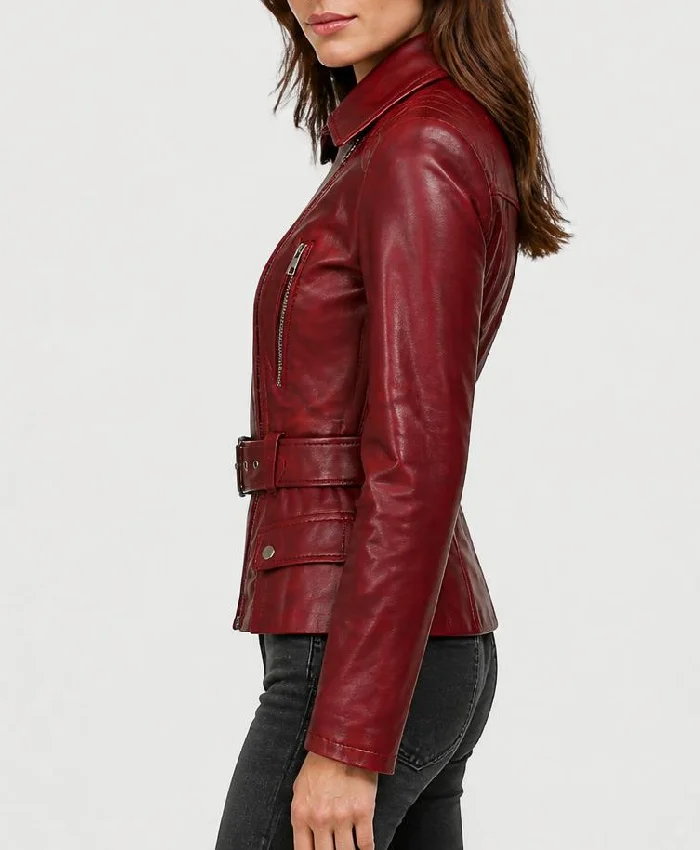 Distressed Front Zipper Closure Maroon Biker Jacket For Womens