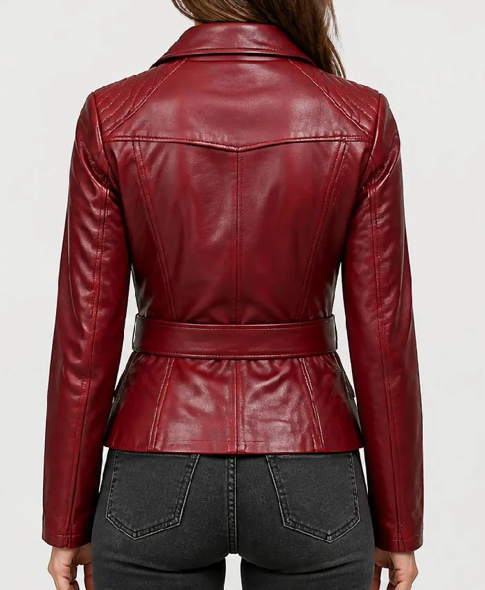 Women’s Distressed Front Zipper Closure Maroon Biker Jacket - Image 3