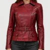 Distressed Front Zipper Closure Maroon Biker Jacket Womens
