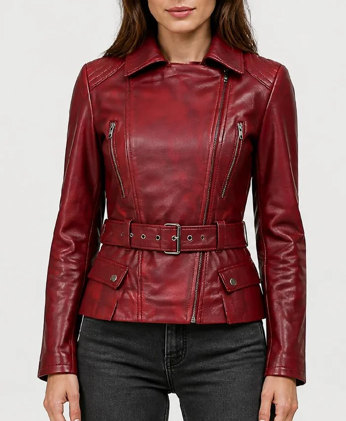 Distressed Front Zipper Closure Maroon Biker Jacket Womens