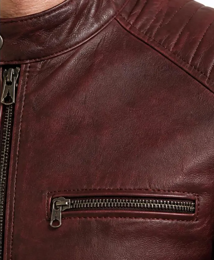 Distressed Maroon Cafe Racer Leather Jacket Mens