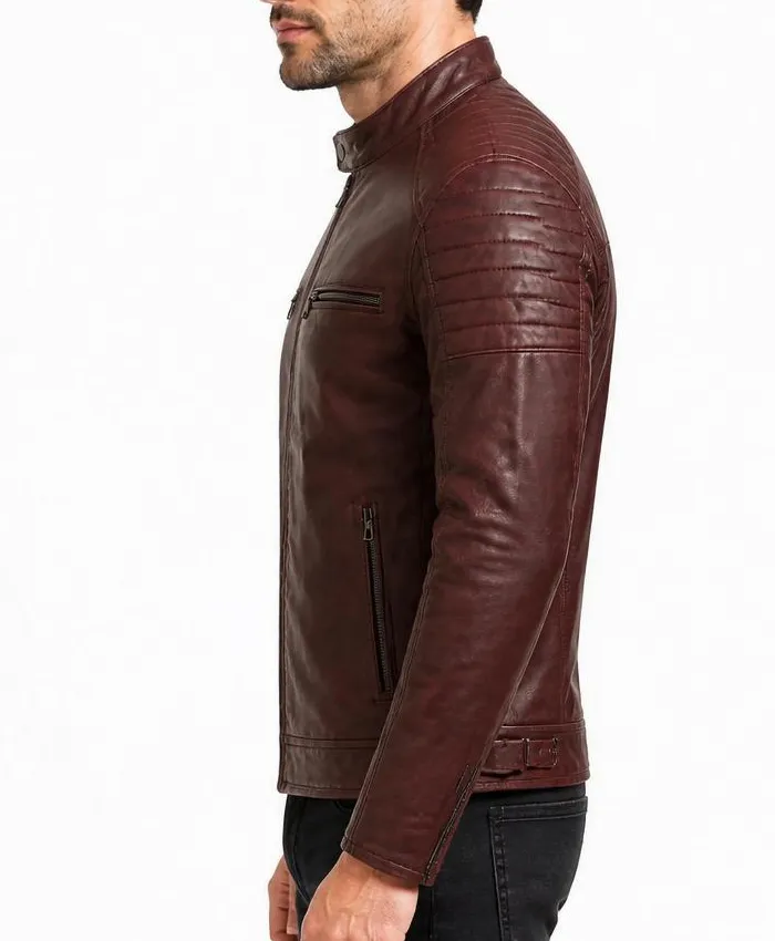 Distressed Maroon Mens Cafe Racer Leather Jacket