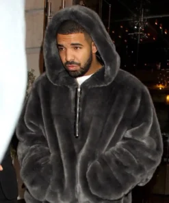 Drake Fuzzy Fur Black Hooded Jacket